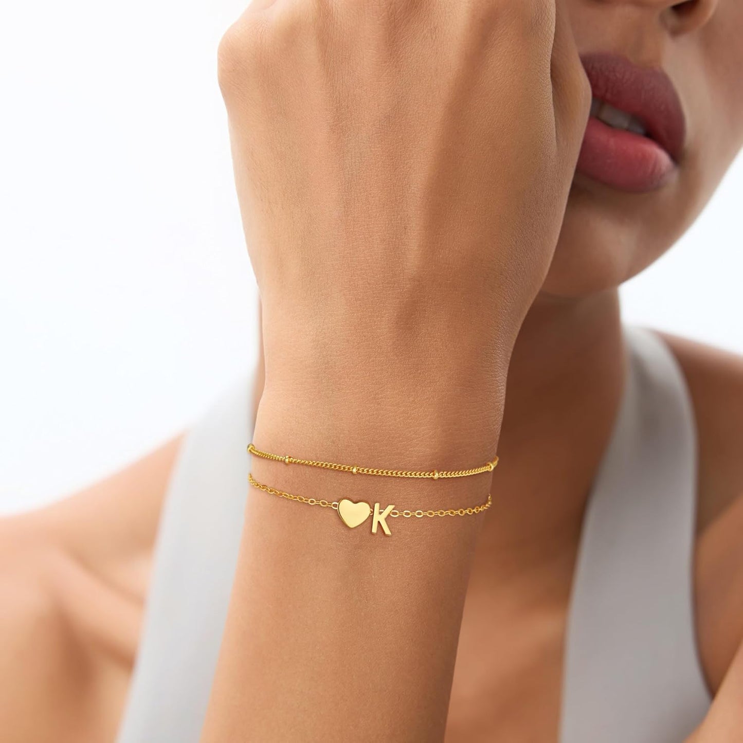 Christmas Gifts for Grandkids Teens Girls, 14K Gold Plated Heart Initial Bracelets for Women Girl Dainty Gold Bracelets Birthday Gifts Stocking Stuffers for Teen Girls Women Jewelry