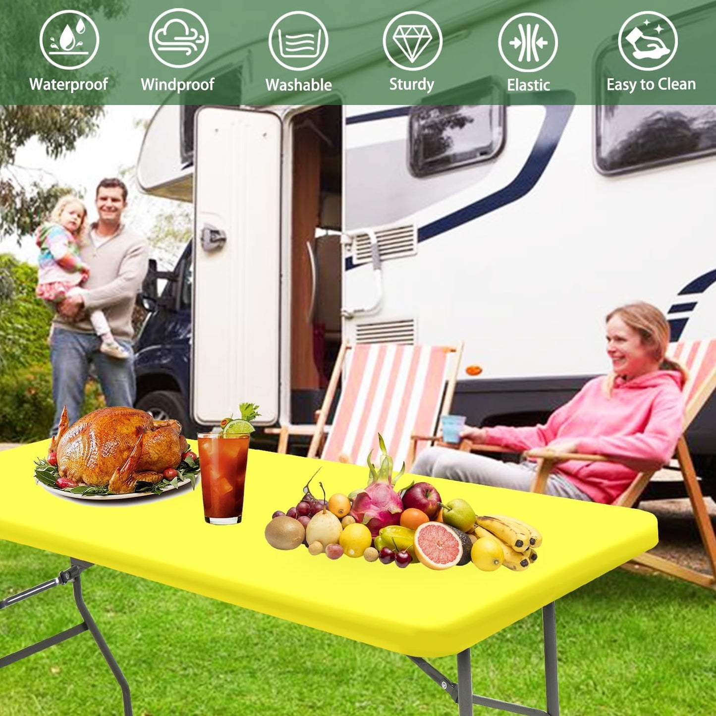 10 Pack Picnic Table Cover Fitted Tablecloths 8 Foot Rectangle Tables Elastic Waterproof Stretch Washable Patio Folding Outdoor Spandex Table Cloth for Camping Banquet and Parties (Yellow,30" x 96")