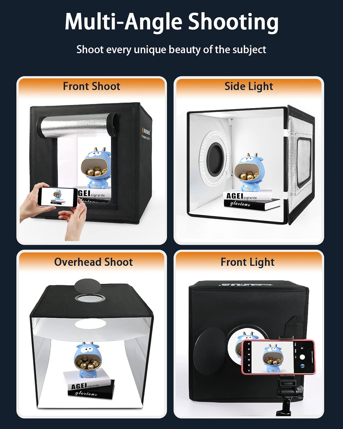 DUCLUS Light Box Photography, 12"x12" Professional Photo Booth Box with 8 Photo Backdrop, 120 LED Lights Dimmable & high CRI>95 Lightbox for Mini Product Photography: Jewelry, Miniature Models etc.