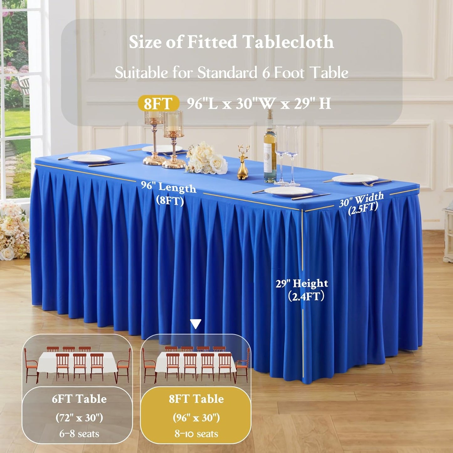 8 Pack Royal Blue Rectangle Tablecloth 8 FT Stretch Spandex Fitted Table Cloth for 8 Foot Rectangle Tables Banquet Tablecloths Wrinkle Free Table Cover Skirt Ruffle Tablecloth for Party Wedding