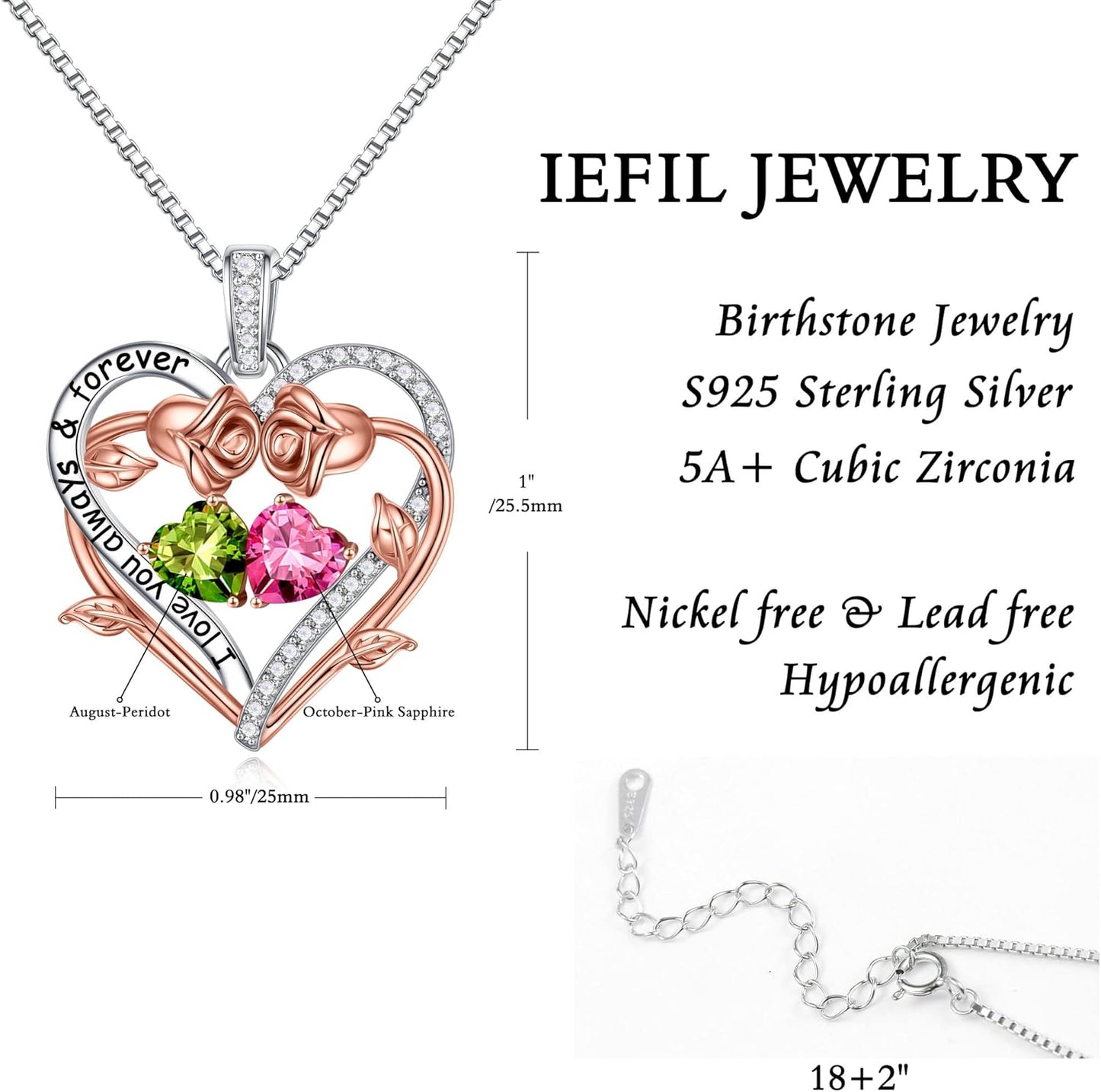 Iefil Rose Heart Double Birthstone Necklace Gifts for Wife Her Mom Women, Birthstone Jewelry Gemstone Birthday Gifts for Girlfriend Grandma Her Wife Women
