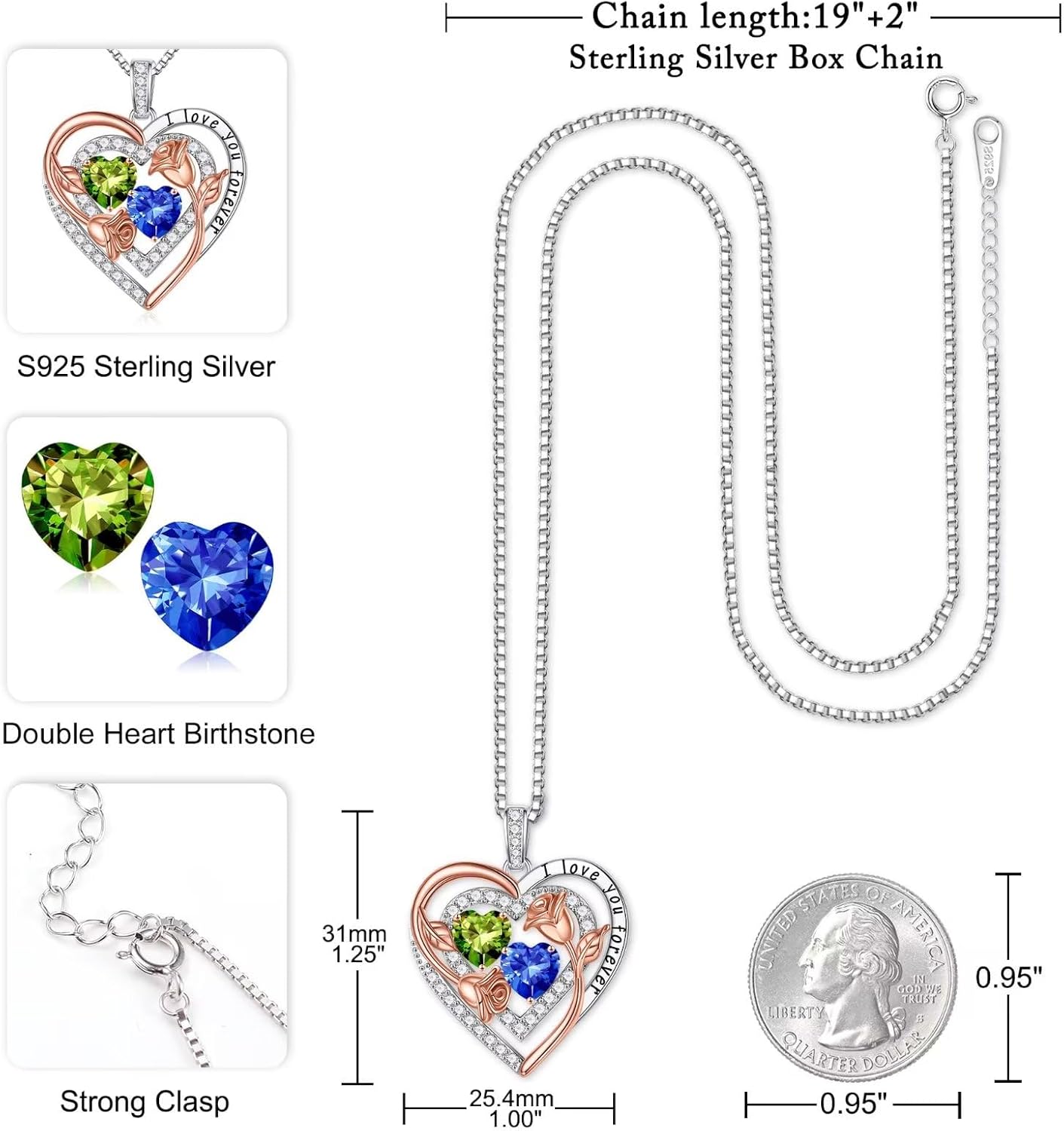 Iefil Birthstone Necklace for Women - Sterling Silver Birthstone Necklace Anniversary Birthday Gifts for Her Wife Mom Daughter