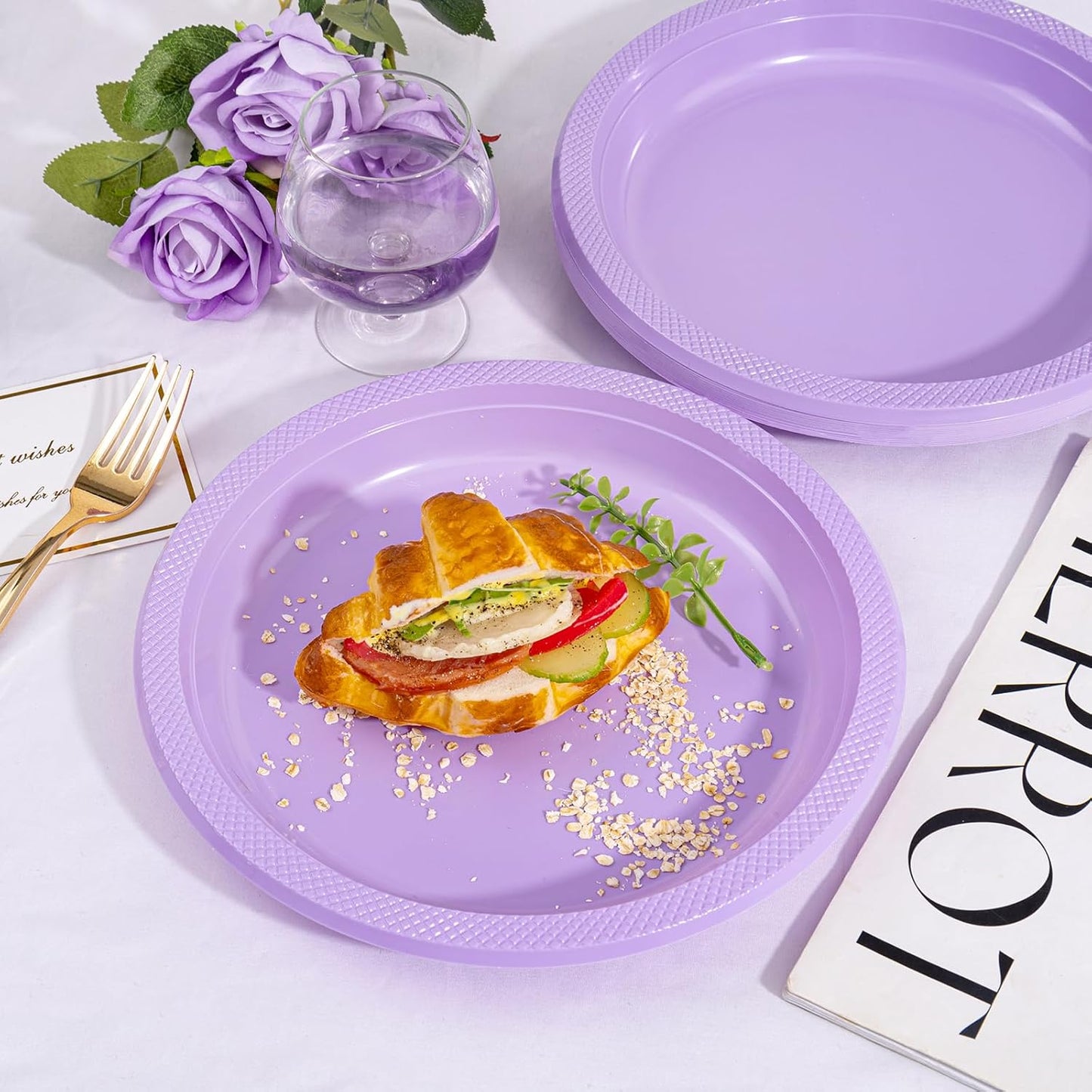 WELLIFE Lavender Party Plates 10 Inch -150 Count, Disposable Plastic Dinner Plates for Party Easter Mother's Day Wedding Birthday Picnic Graduation
