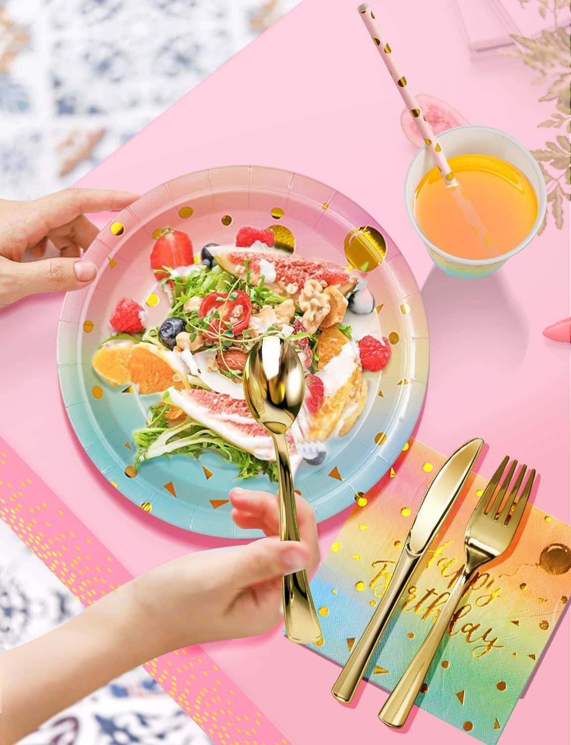 Birthday Party Tableware, 161 Pieces Rainbow gold Party Supplies, Party Dinnerware Sets Include Paper Plates Napkins Cups Silverware, for Shower Engagement Parties Decoration -20 Serves