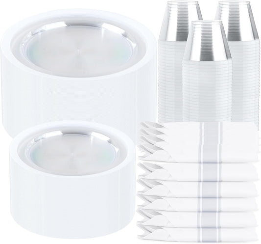 I00000 210 Pcs Clear White Plates for 30 Guests, White Dinnerware Include 60 Plates, 30 Cups, 30 Pre Rolled Napkins with Cutlery Set for Party and Wedding
