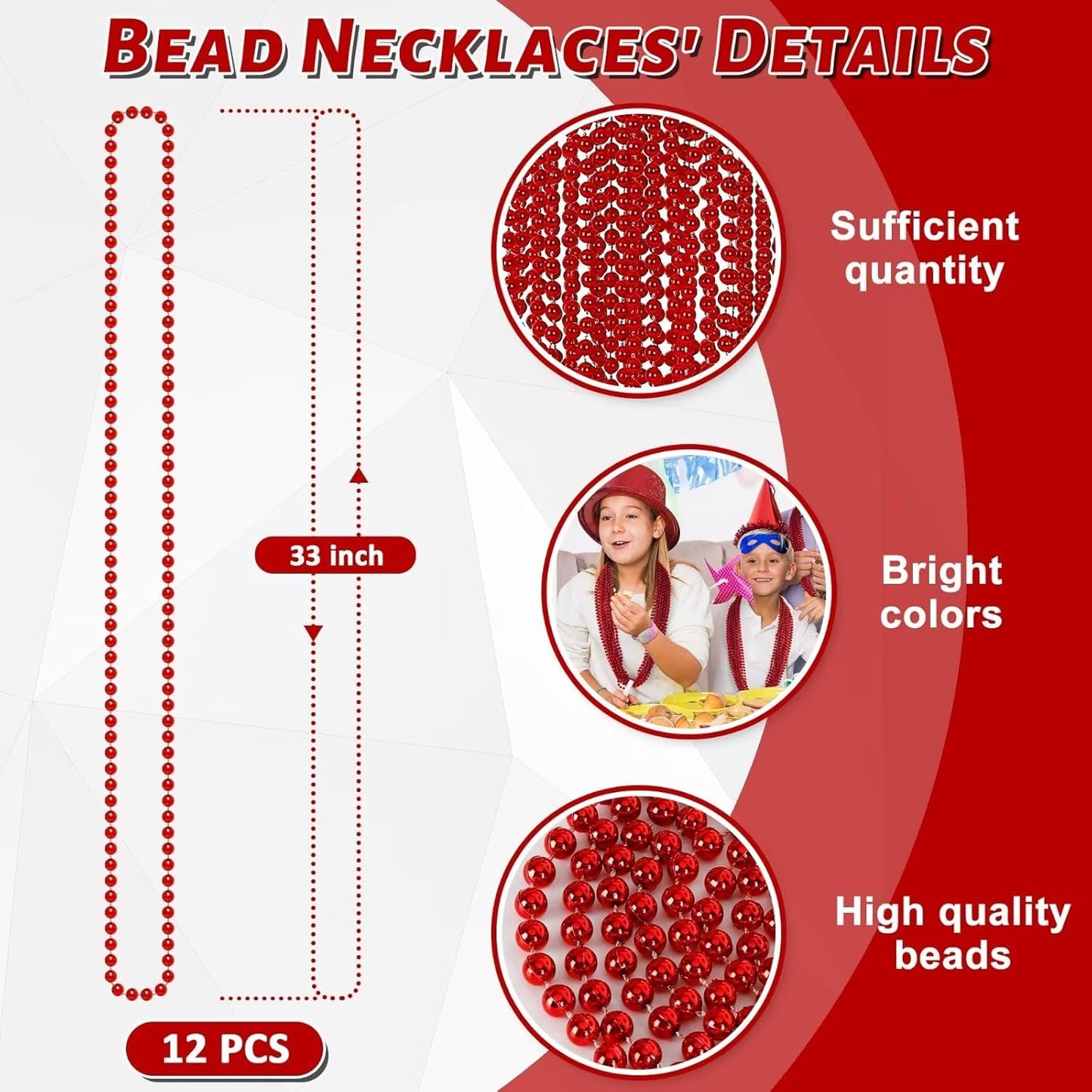 12PCS Bead Necklace, Red Christmas Beads Costumes Party Favors, 33" Beaded Necklace Festival Parade Throw Accessory Sets for Valentines Mardi Gras Christmas Celebrations Decorations