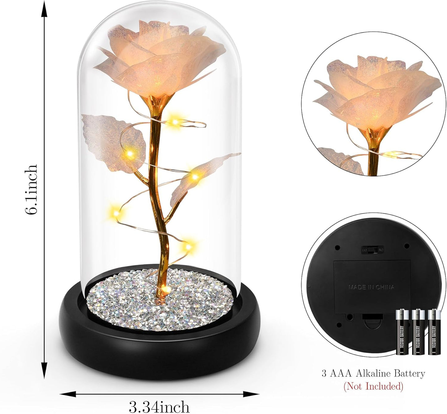 Childom Birthday Gifts for Women,Christmas Flowers Gifts for Her,Crystal Light Up Rose in A Glass Dome with Sparkling Base,Sweet White Rose Flower Gift for Wife Mom Grandma Anniversary Valentines
