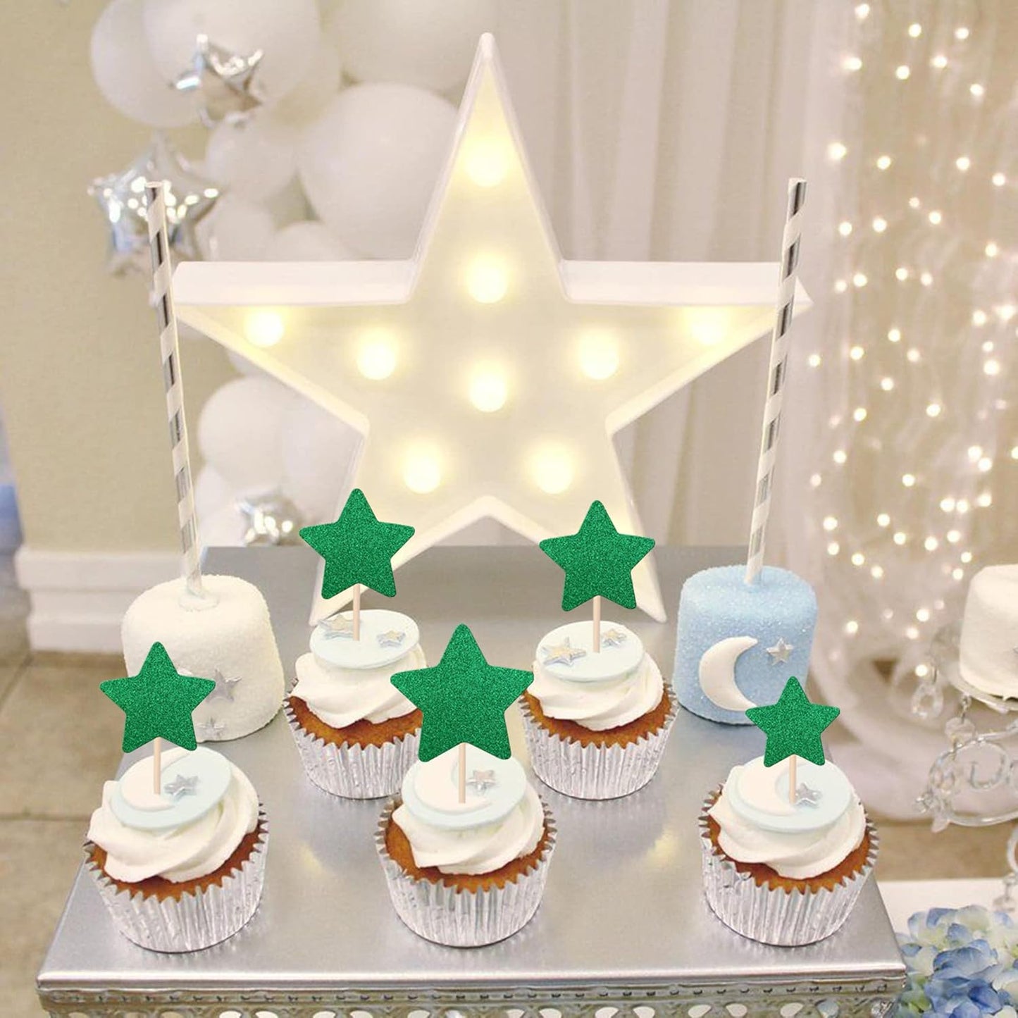 30 PCS Star Cupcake Toppers Glitter Assembled Twinkle Star Cupcake Picks Wedding Engagement Bridal Shower Birthday Party Cake Decorations Supplies Mixed Size Green
