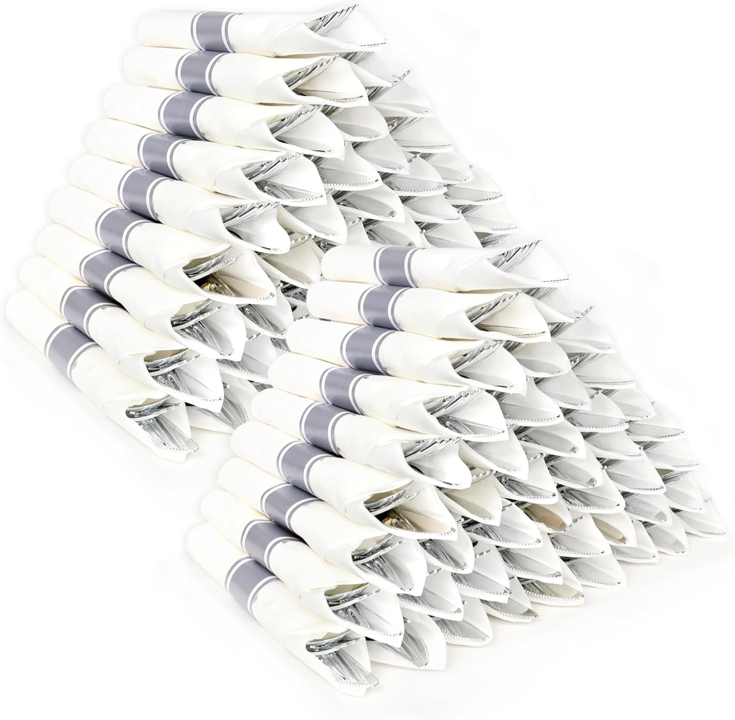 100 Pack Pre Rolled Silver Plastic Silverware Set,Wrapped Plastic Cutlery Set with Napkin Include 100 Forks,100 Spoons,100 Knives and 100 White Napkins for Party, Wedding,showers