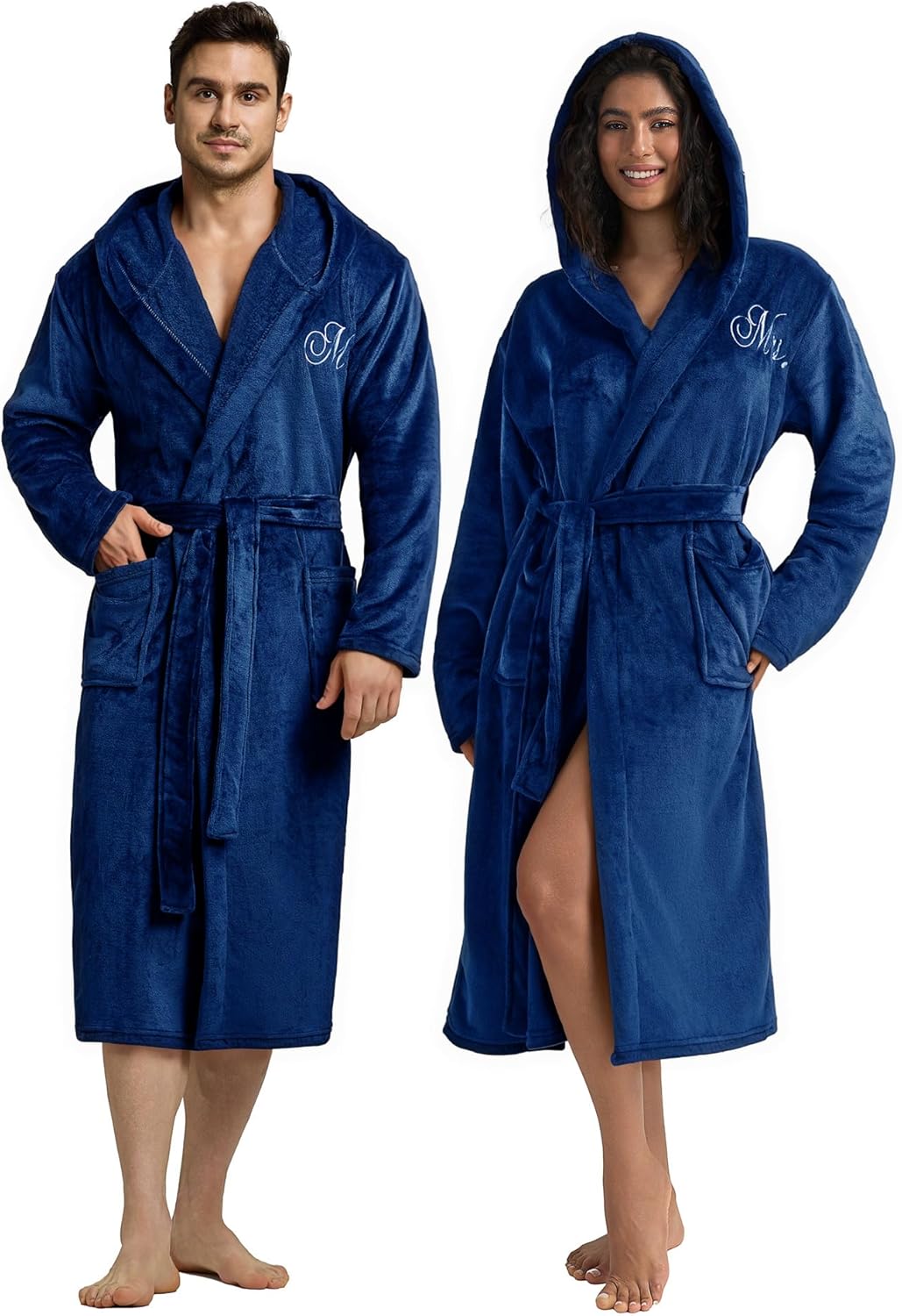AW BRIDAL 2Pcs Mr and Mrs Robes for Couples Fleece, Matching Long Hooded Robes for Men Women, His and Hers Wedding Gifts