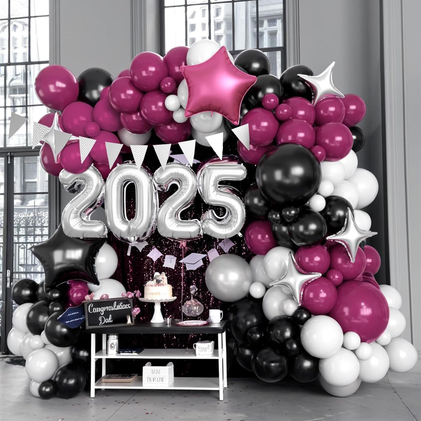Burgundy Black White Balloons Arch Kit with Star Balloon Pennant Flag Bunting 2025 Foil Balloon Banner Maroon Balloons Garland for Class of 2025 Graduation Theme Birthday Party Supplies