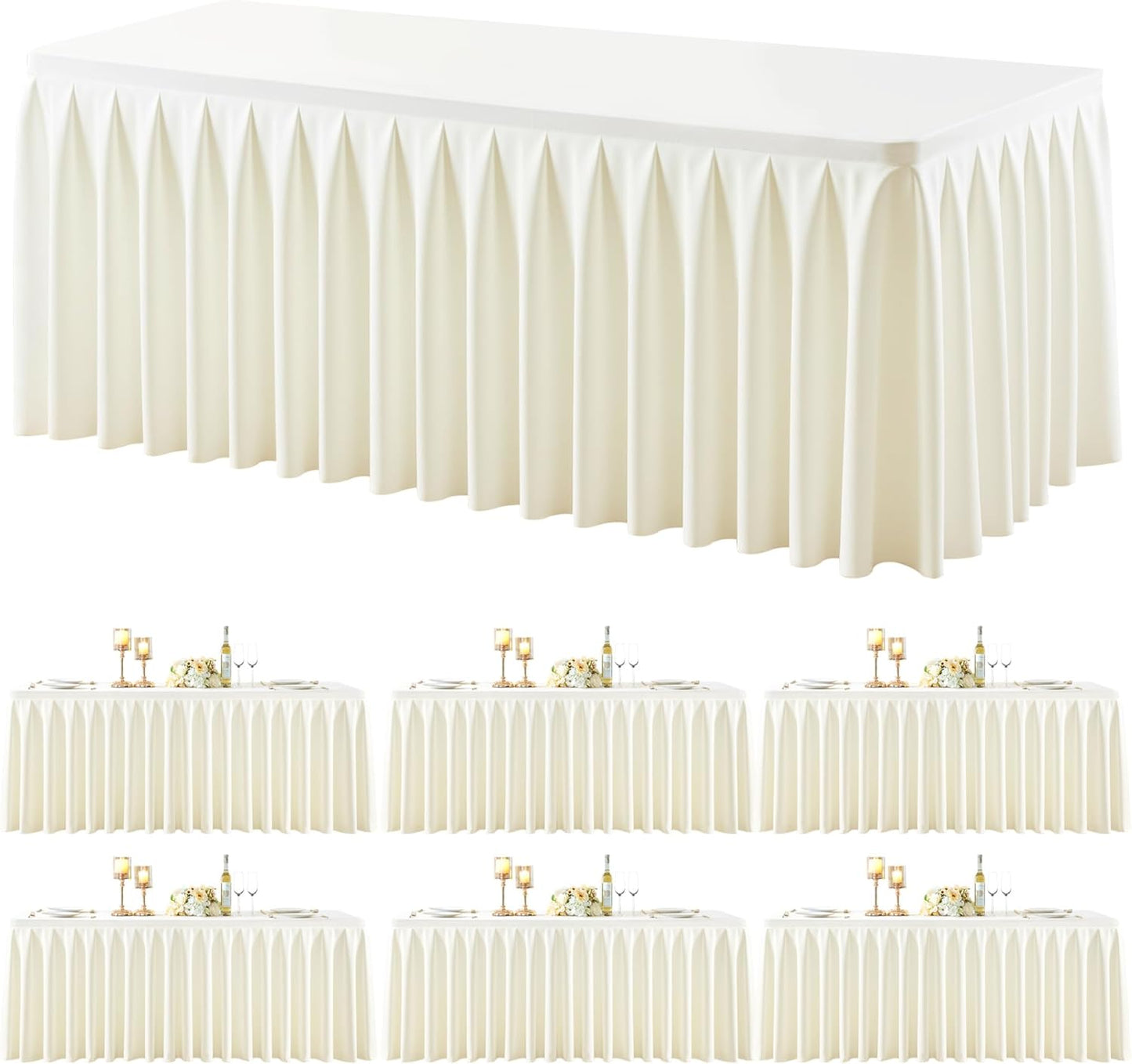 6 Pack Ivory Rectangle Tablecloth 6 FT Stretch Spandex Fitted Table Cloth for 6 Foot Rectangle Tables Banquet Tablecloths Wrinkle Free Table Cover Skirt Ruffle Tablecloth for Party Wedding Birthday