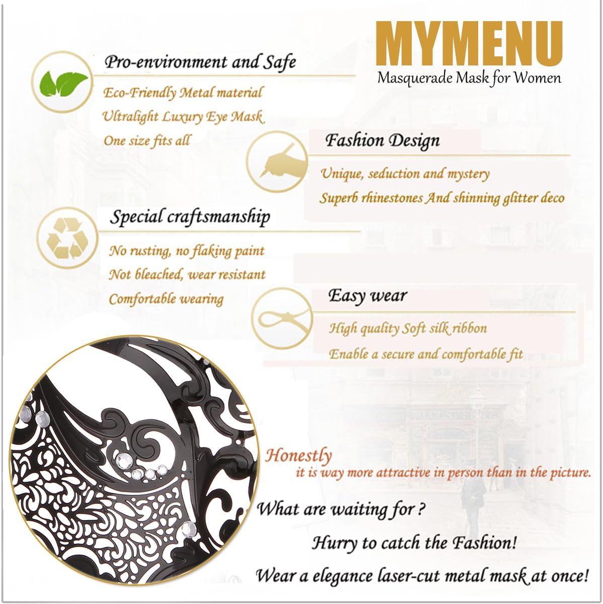 MYMENU Masquerade Mask for Women Shiny Rhinestone Metal Mask Venetian Mask for Party Prom Ball