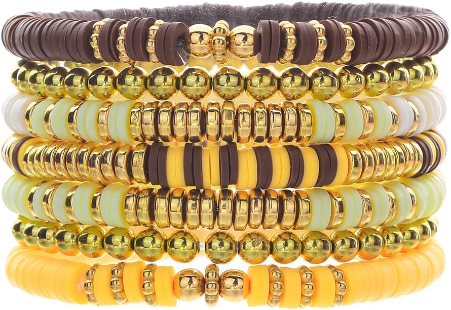 Friendship Bracelets for Women - Heishi Surfer Colorful Smile Evil Eye Clay Beaded Stretch Bracelets Elastic Layering - Stackable Boho Disc Y2K Aesthetic Summer Jewelry Set.