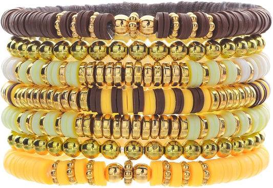 Friendship Bracelets for Women - Heishi Surfer Colorful Smile Evil Eye Clay Beaded Stretch Bracelets Elastic Layering - Stackable Boho Disc Y2K Aesthetic Summer Jewelry Set.