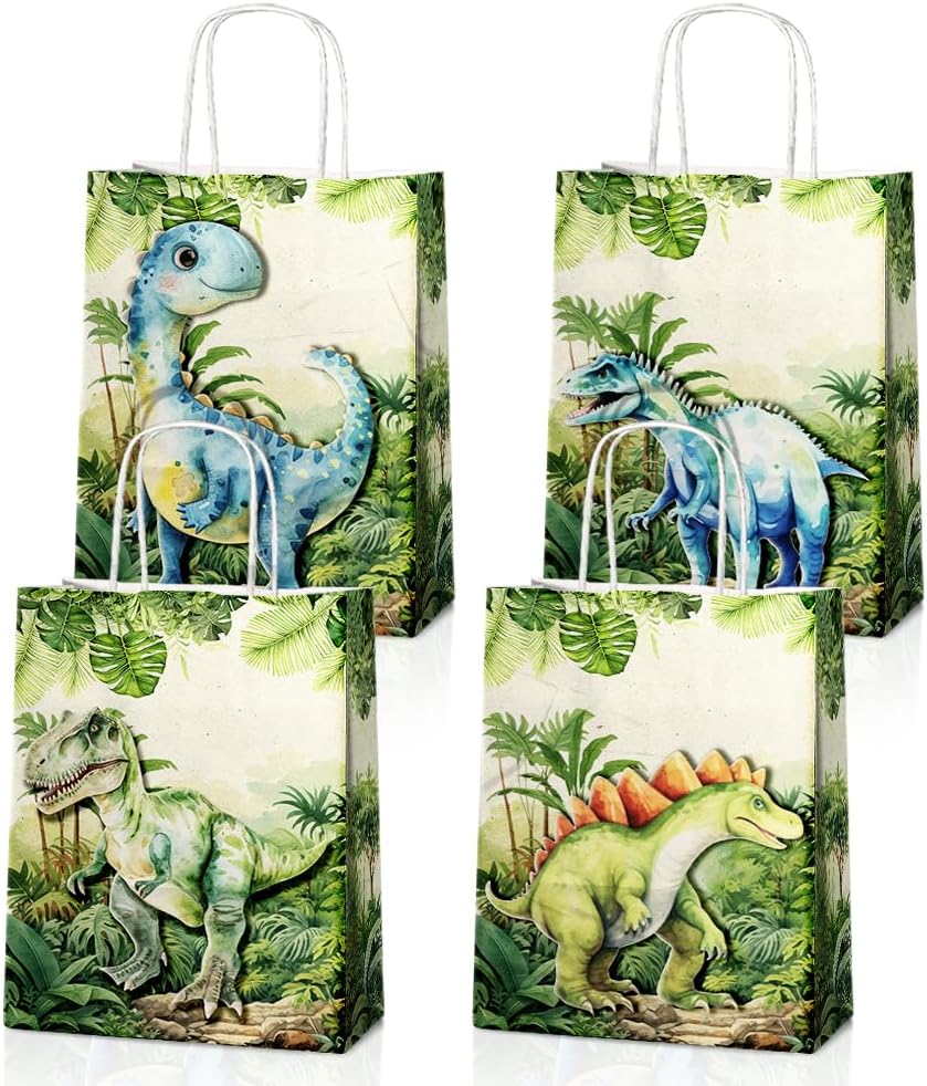 24 Pcs Dinosaur Party Favor Bags with Handles - T rex Goodie Bags Gift Bags. Dino Theme Candy Bags for Kids Boys, Kraft Paper Bags for Birthday Party Supplies, and Baby Shower Decorations.