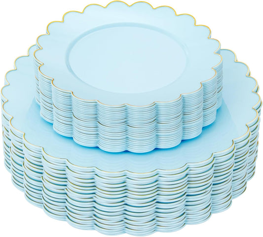 LIYH 60 Pcs Baby Blue Plastic Plates with Gold Edge - Disposable Light Blue Plastic Plates Includes 30 Dinner Plate 10.25" and 30 Dessert Plate 7.5" for Party Birthday