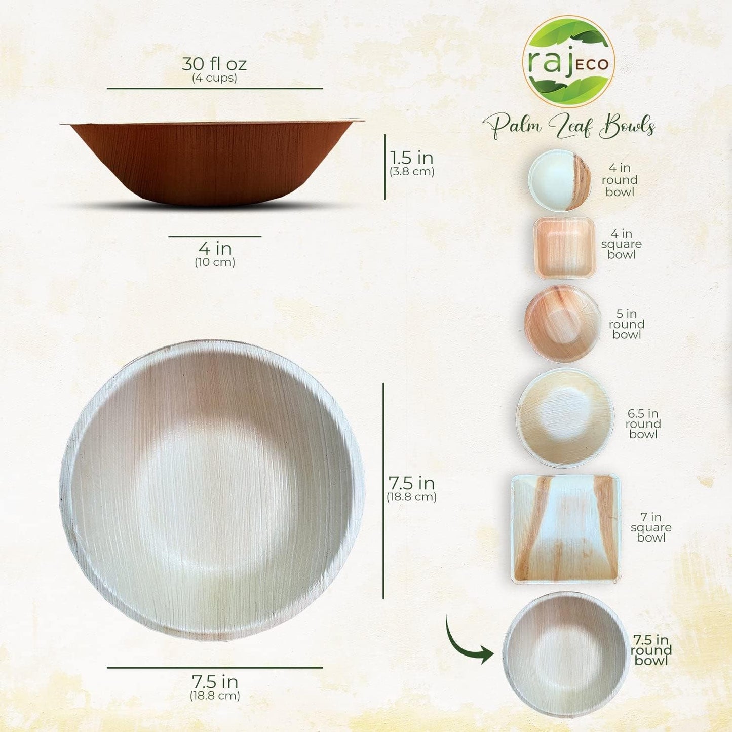 Raj Unique Collection 7.5" Round Bowls (25 Pack) Palm Leaf Bowls Better than Bamboo & Paper Bowl Disposable Bowl, Compostable, Biodegradable, Eco-Friendly Heavy Duty Party Bowl for Wedding & Events