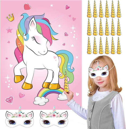NEBURORA Pin The Horn on The Unicorn Birthday Party Game with 30 Horns for Party Supplies Favors Girls Rainbow Christmas Party Decorations Home Wall Decor