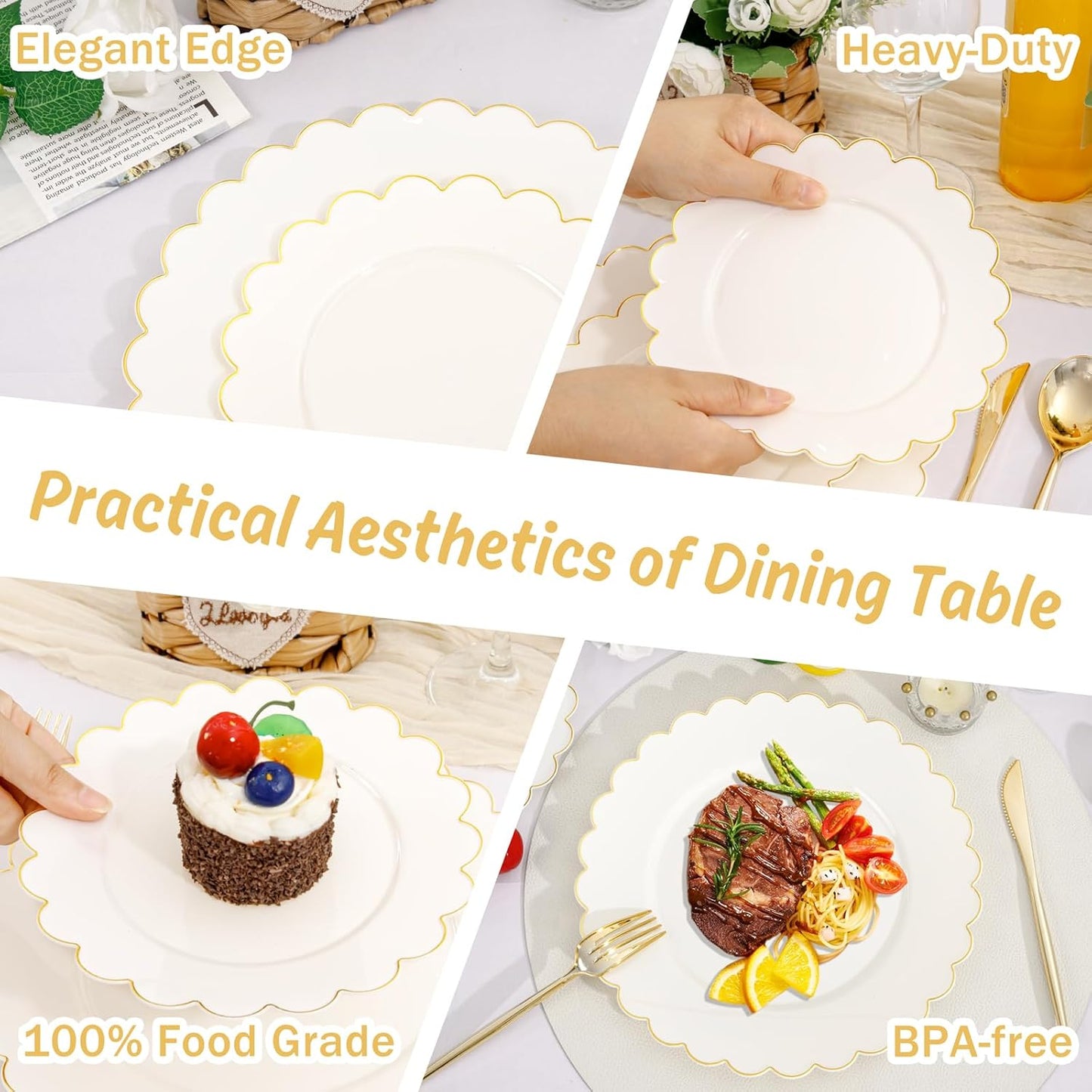 LIYH 120 Pcs Ivory Plastic Plates Disposable Heavy Duty Thanksgiving Plates - Gold Rim Fancy Scalloped Plastic Party Plate Wedding Plate for Birthday Party Thanksgiving Day