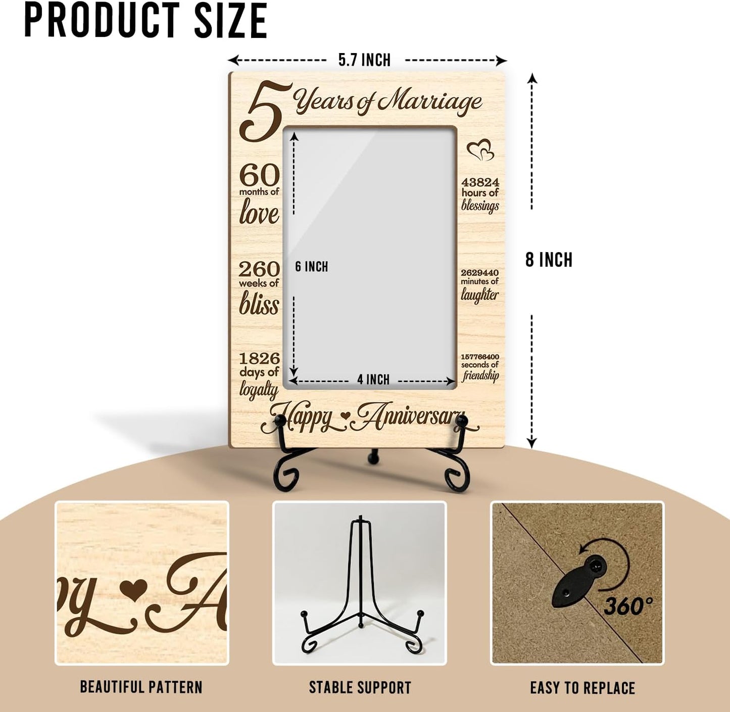 5 Years of Marriage Picture Frame, 5th Anniversary Wedding Valentines Gifts For Husband Wife Couple, 4x6 Wooden Picture Frame Tabletop Display Home Decor -03
