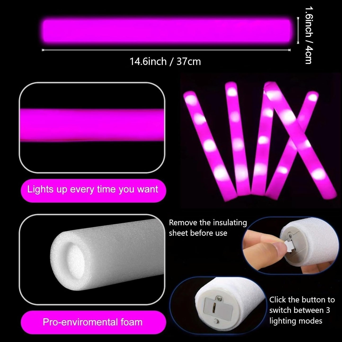 Glow Foam Wand, 36 Pcs Pink Giant LED Light Up Sticks 3 Modes Flashing Glowing Baton Wands Party Supplies for Wedding, Raves,Concert,Birthday,Christmas, Halloween,Sporting Events