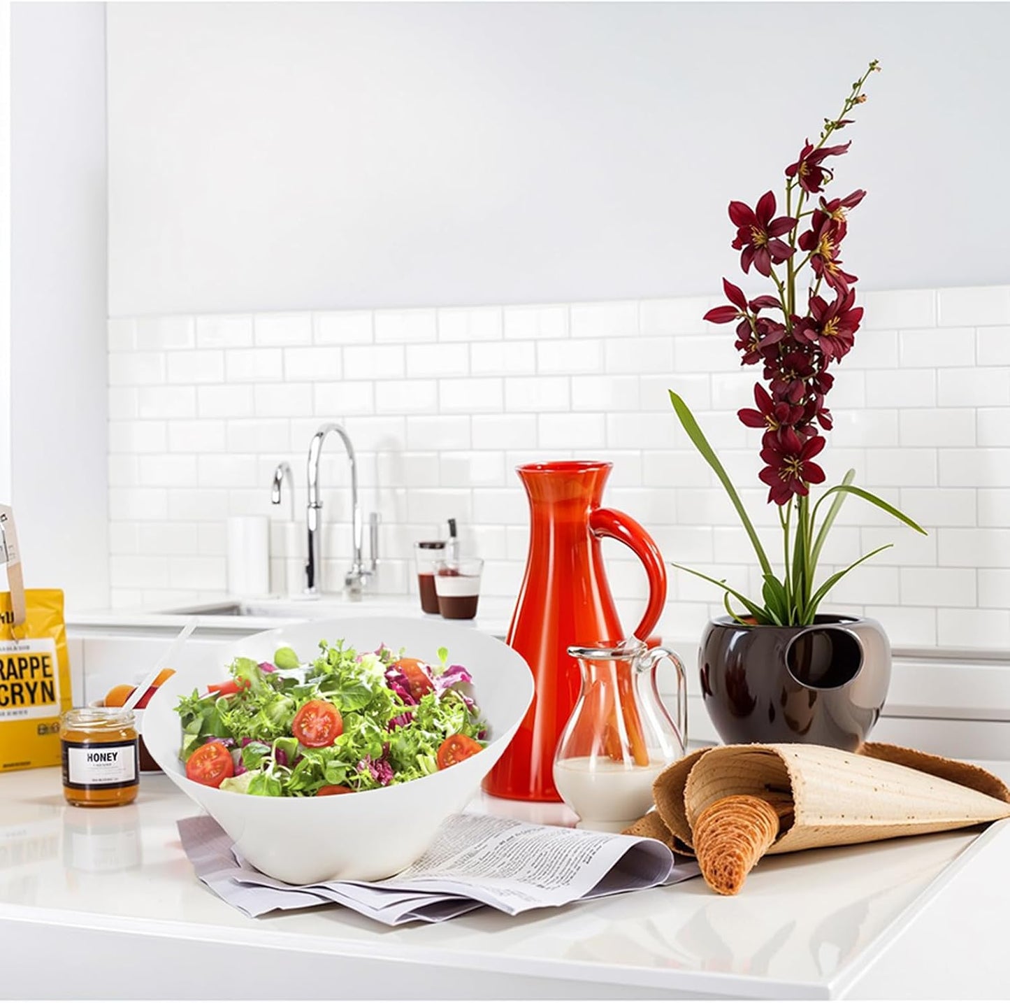 bUCLA 12 Pack White Plastic Serving Bowls - 20 OZ Angled Party Table Salad and Fruit Bowls Disposable for Chip&Candy, Ideal for Wedding