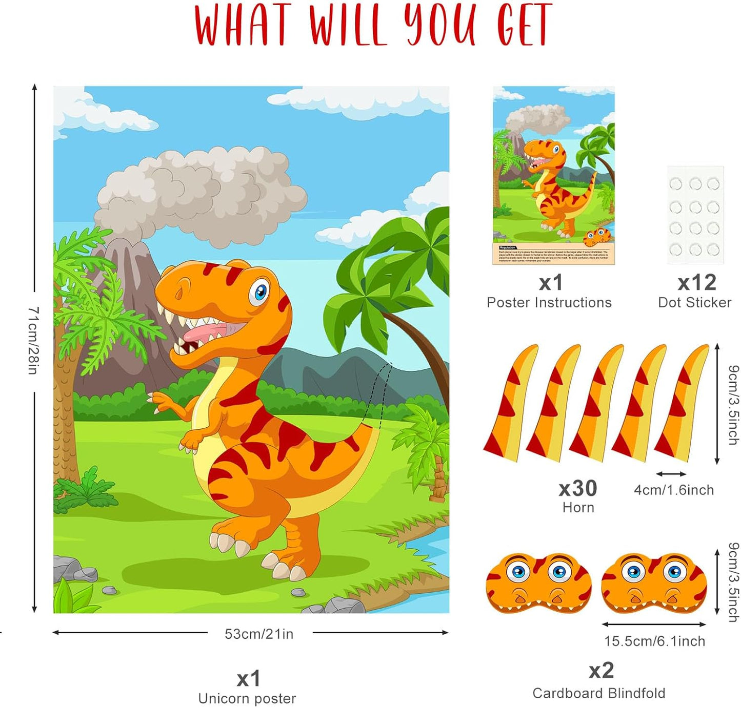 NEBURORA Pin The Tail on The Dinosaur Party Game with 30 Tails for Birthday Christmas Party Supplies, Boys Girls Decorations, Home Wall Decor