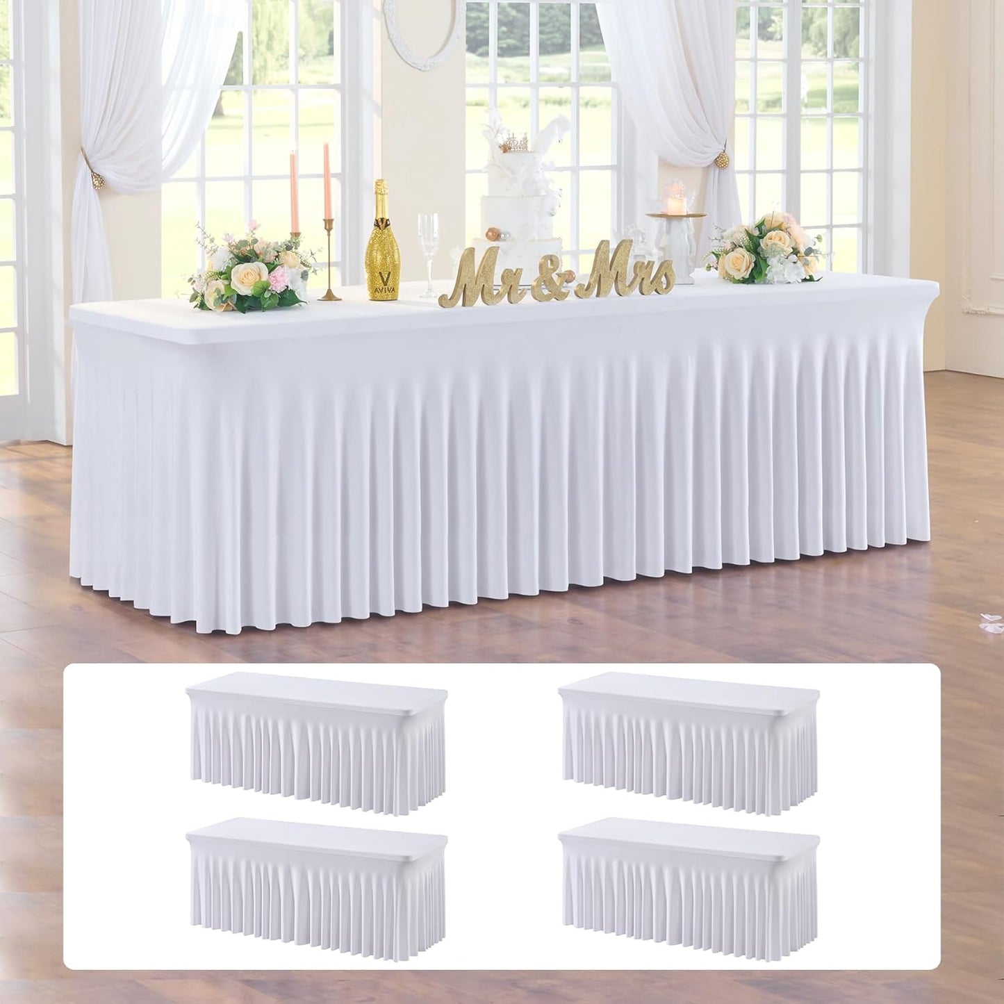 4 pk White Spandex Table Cloth Rectangle 8ft with Ruffle Skirt,Wrinkle Free High-Stretch Fitted Tablecloths for 8 Foot Rectangle Tables,Elastic Spandex Table Covers 8 ft for Parties Weddings Banquet