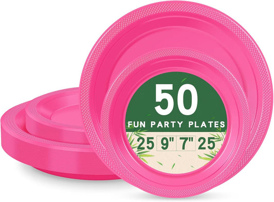 50 Hot Pink Plastic Plates For Party, Includes 25-9" & 25-7" Cake Dessert Plastic Dinner Plates Disposable For Party Supplies