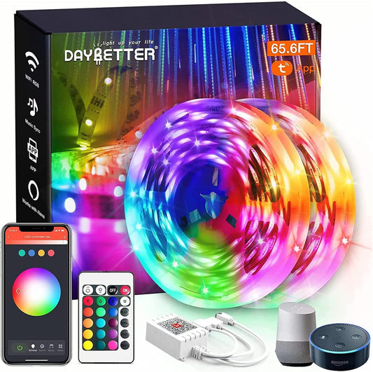 DAYBETTER 65.6ft WiFi Smart Led Lights Strip with Tuya App Control for Bedroom Decoration Work with Alexa and Google Assistant(2 Rolls of 32.8ft)