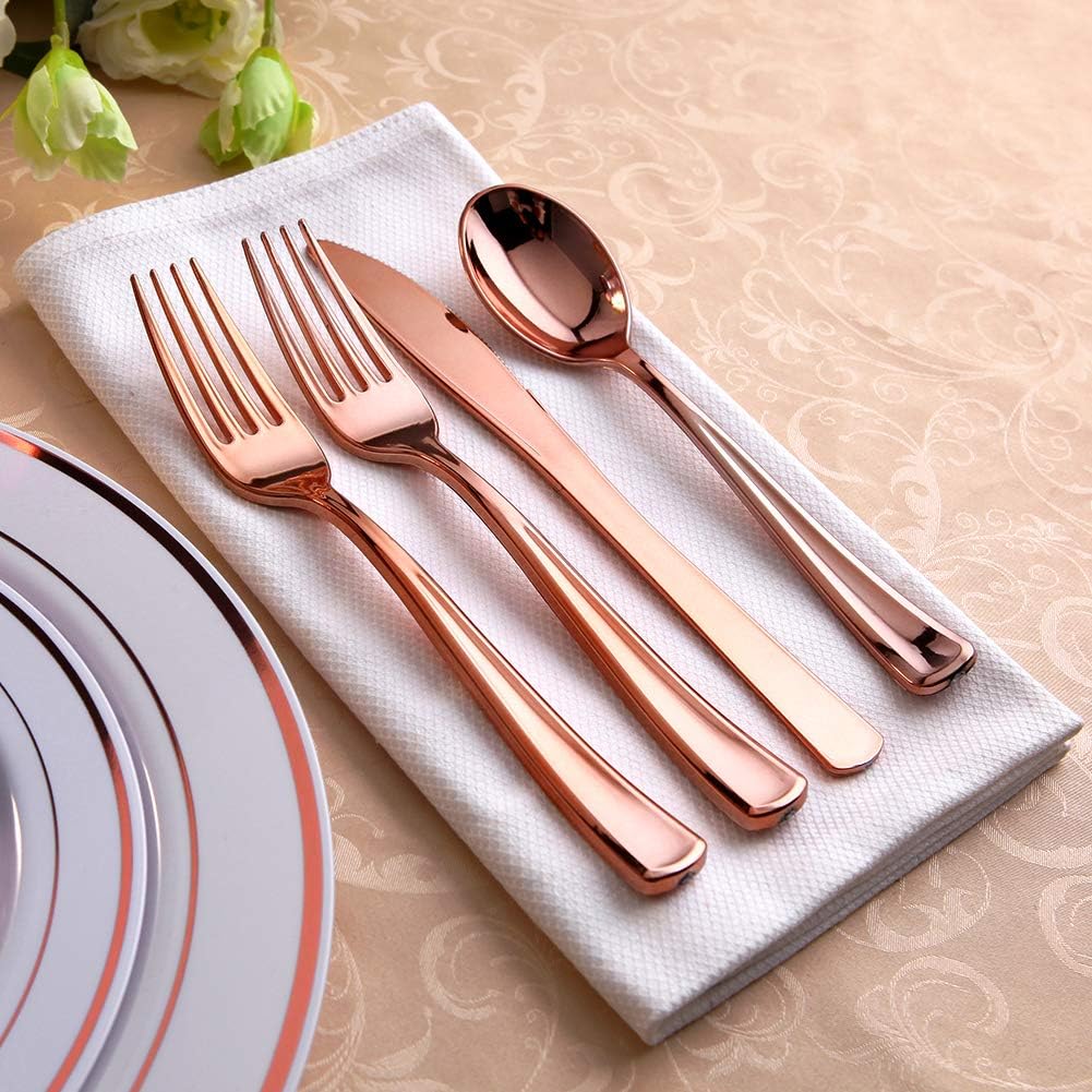 Supernal 400pcs Rose Gold Dinnerware,Rose Gold Plastic Plates,Wedding Decoration,Heavy Duty Disaposable Silverware, Disaposable Rim Cups, Easter Paper Napkins,Suit for Wedding, Birthday,Party
