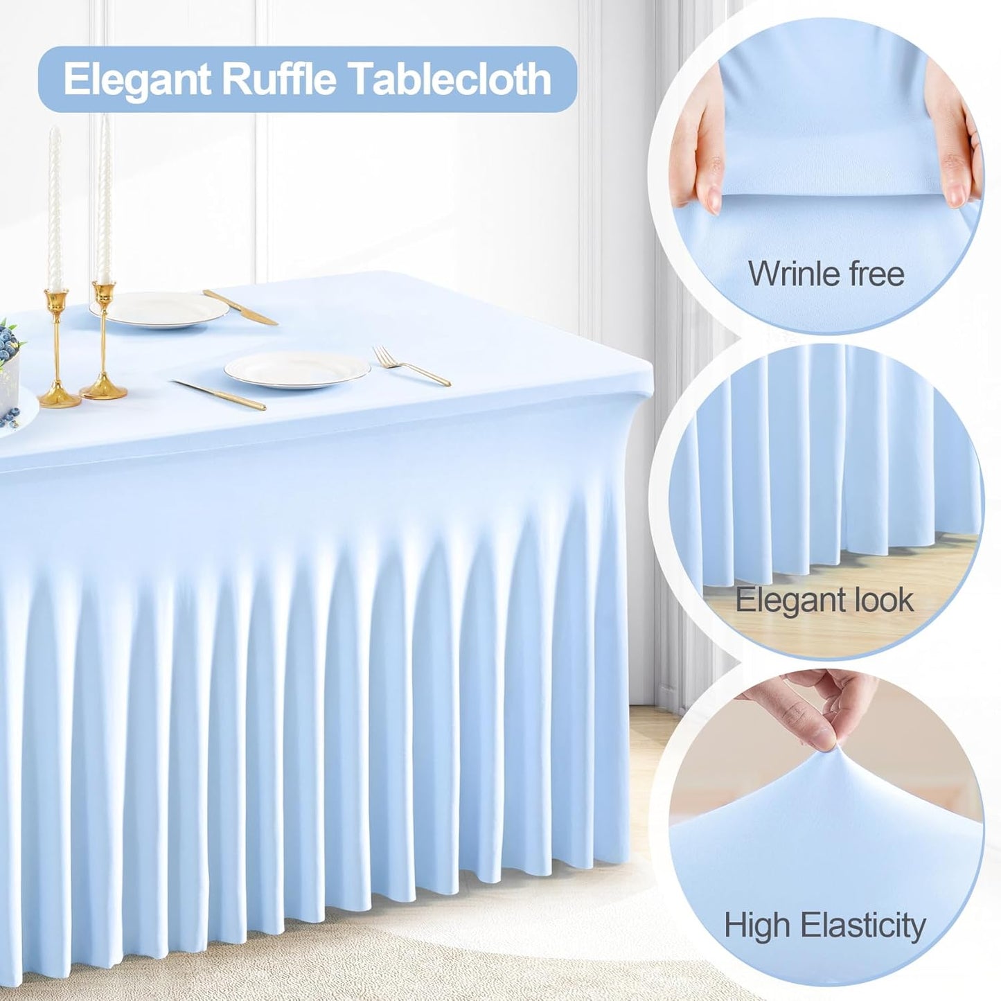 PARTISKY Blue Spandex Tablecloth for 6ft Rectangle Tables, Stretchable Table Cover Skirt for Folding Tables Weddings Parties Banquets Events Trade Shows and Dessert Table