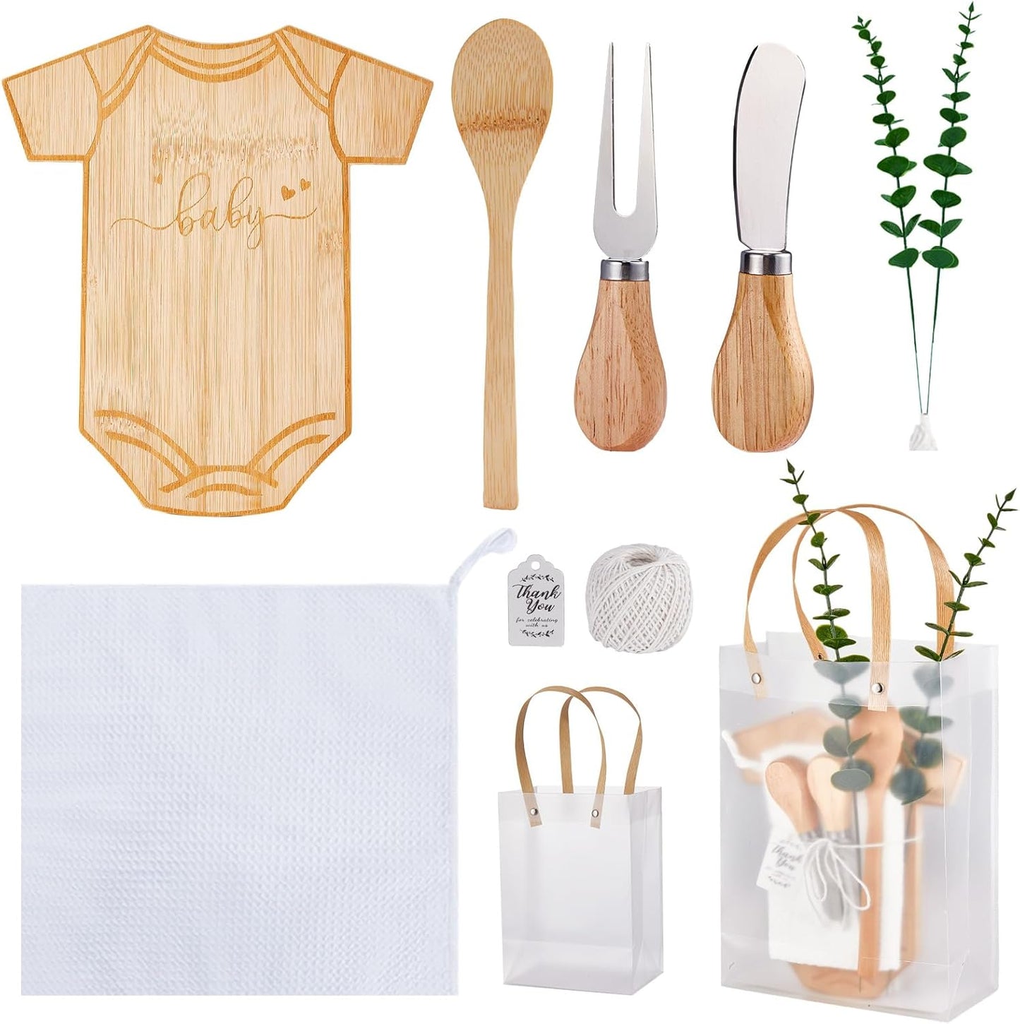 Baby Shower Prizes for Game Winners Bodysuit Shaped Cheese Board Gift with Spoons Butter Spreaders Gift Bags Kitchen Towels Bridal Shower Party Favors for Guests (Bodysuit Shaped, 1 Set)