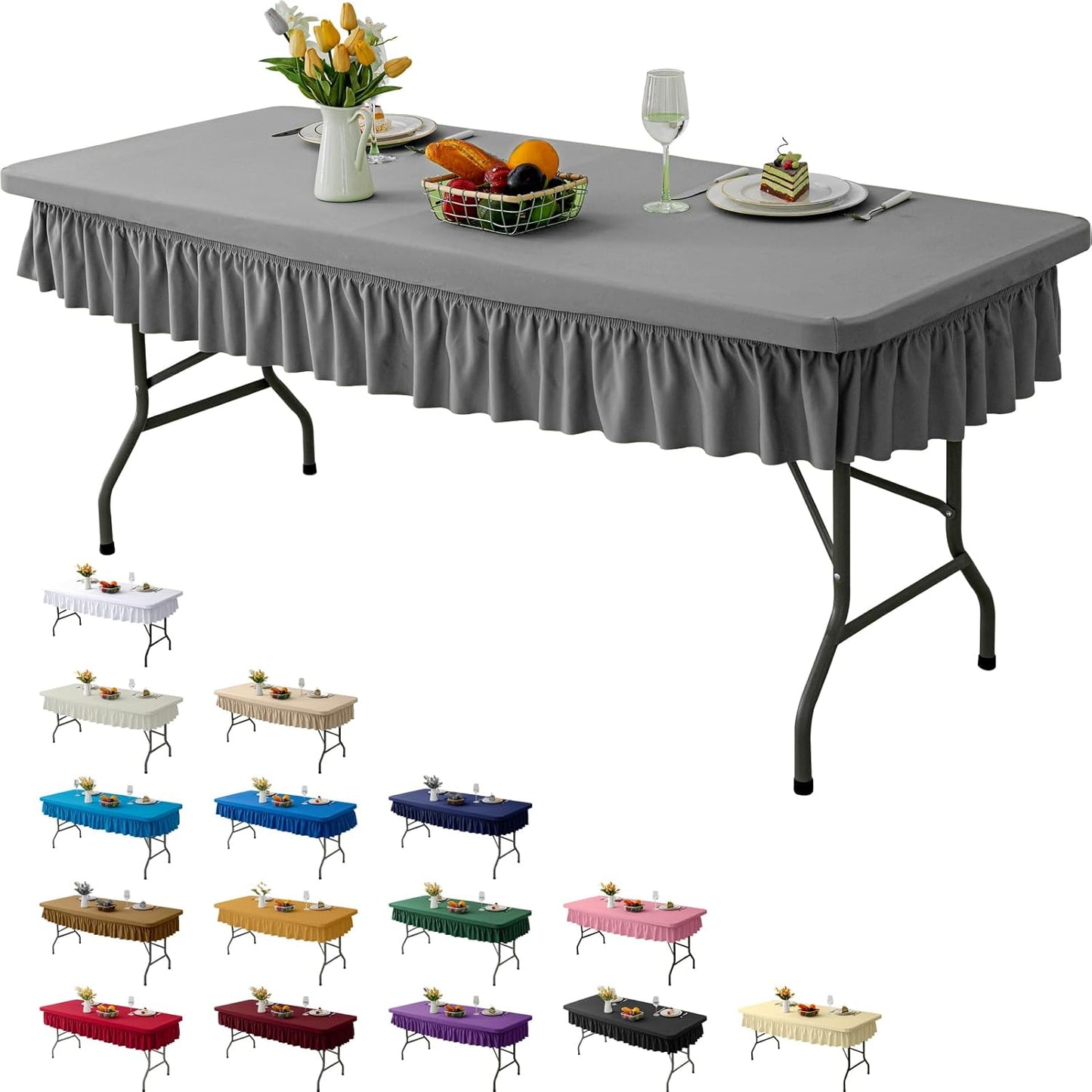 8ft Light Grey Stretch Tablecloth for Rectangular Tables - Flared Wrap Design, Waterproof, Wrinkle-Resistant, Washable - Ideal for Weddings, Parties, Banquets & Table Protection