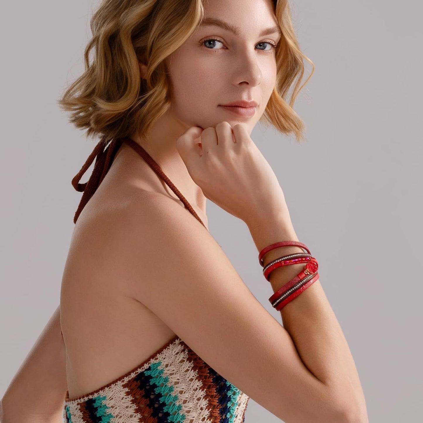 FANCY SHINY Leather Wrap Bracelet Boho Cuff Bangle Bracelets Crystal Bead Bracelet with Magnetic Clasp Jewelry Gifts for Women