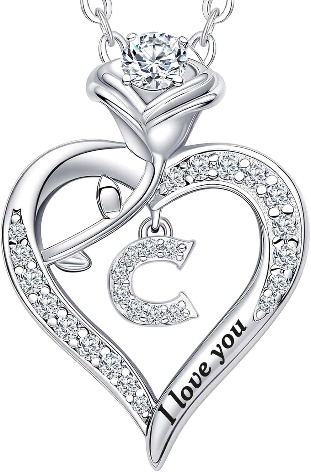 Rose Heart Pendant Necklace Gifts for Wife, Engraved 'I love you' Gift for Wife Girlfriend, Anniversary Birthday Eternity Jewelry Present for Women, Moissanite Necklace Gift for Her