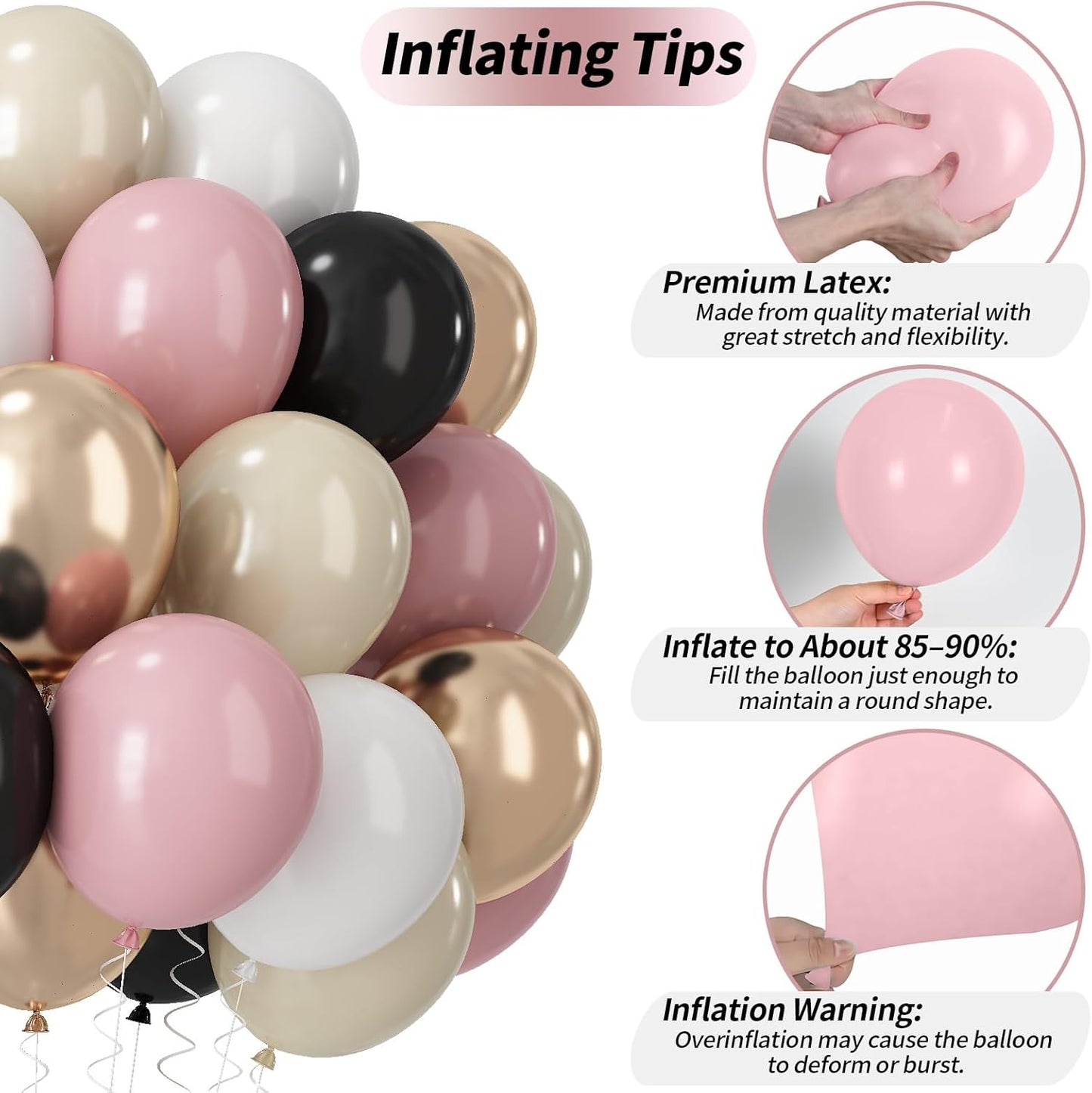 60 PCS Black and Pink Balloons, Retro Dusty Pink Ivory Sand White Black Latex Balloons with Metallic Champagne Gold Boho Party Balloon for Women Girls Birthday Baby Shower Wedding Party Decorations