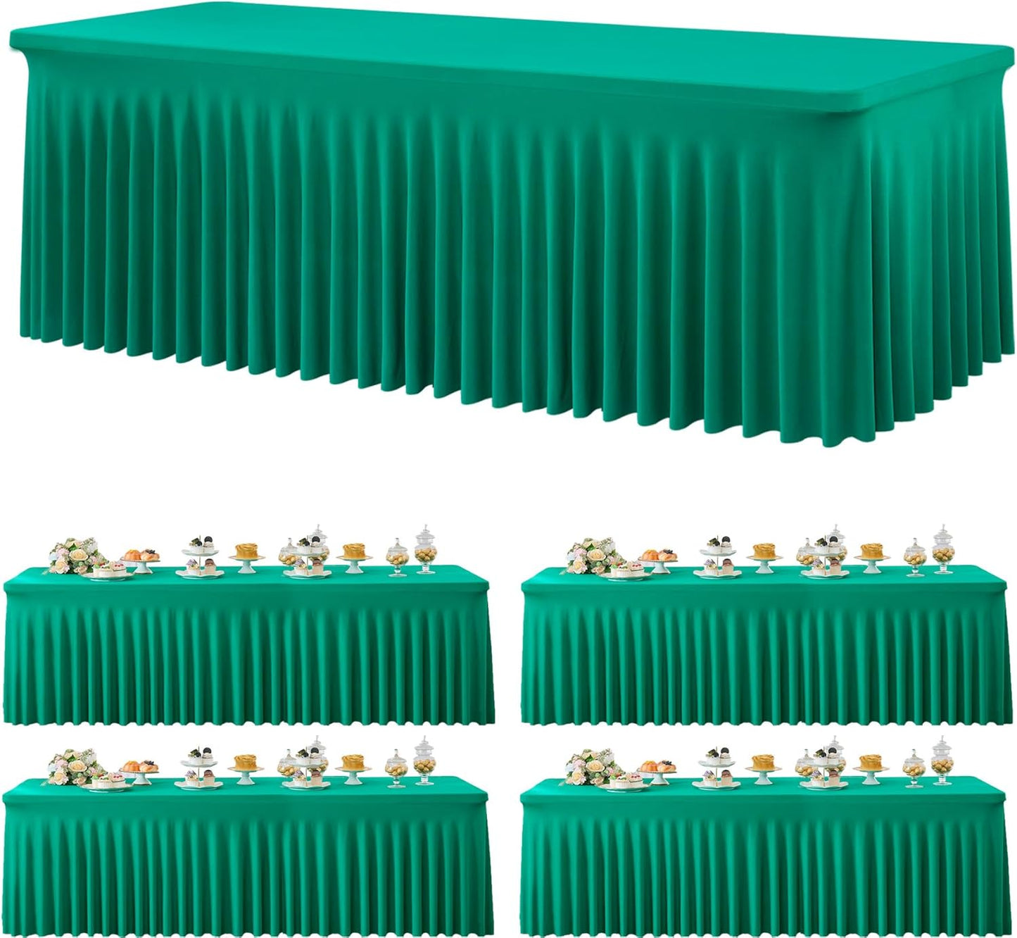 4 Pack Emerald Green Spandex Table Clothes for 8 Foot Rectangle Tables, Wrinkle Free Fitted Table Cover 8ft Green Stretchy Tablecloths with Skirt for Parties Weddings Birthday Banquet Baby Shower