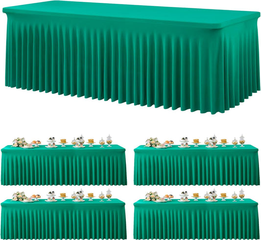 4 Pack Emerald Green Spandex Table Clothes for 8 Foot Rectangle Tables, Wrinkle Free Fitted Table Cover 8ft Green Stretchy Tablecloths with Skirt for Parties Weddings Birthday Banquet Baby Shower