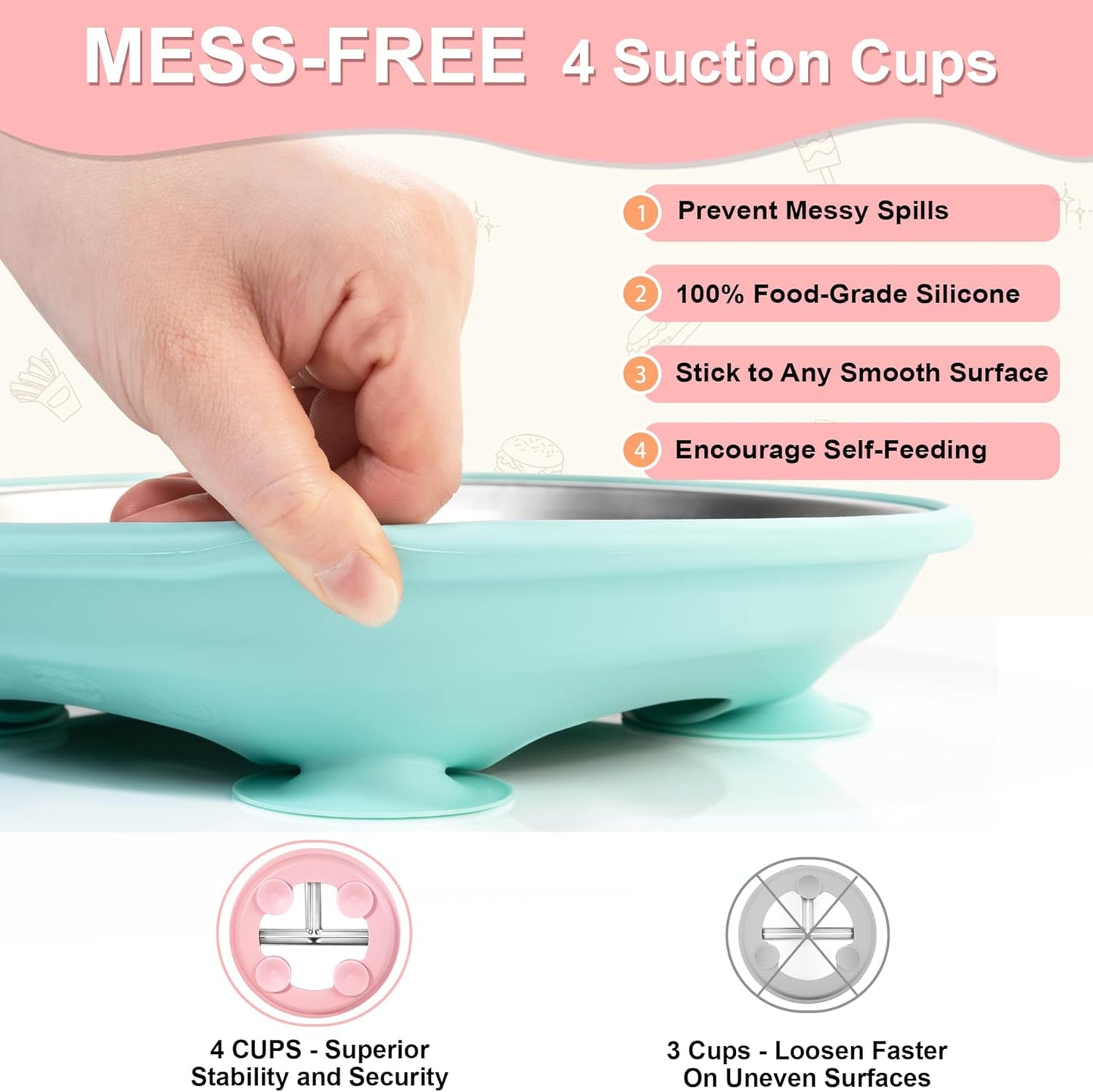 Bella's Friends Stainless Steel Toddler Plates Silicone Suction,3 Packs Non-Slip Baby Plates,Divided Portion,Food-Grade Silicone Plate for Kids,LEAD-FREE Dishwasher Safe,Grey Green Pink