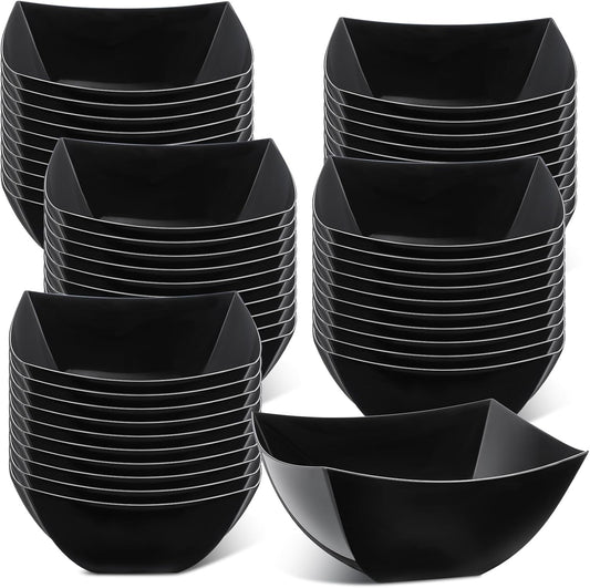 Tanlade 50 Pcs Square Plastic Serving Bowls Disposable Snack Salad Bowl Small Party Candy Bar Containers Taco Bar Serving Dishes for Buffet Chips Fruit(Black,8 oz)