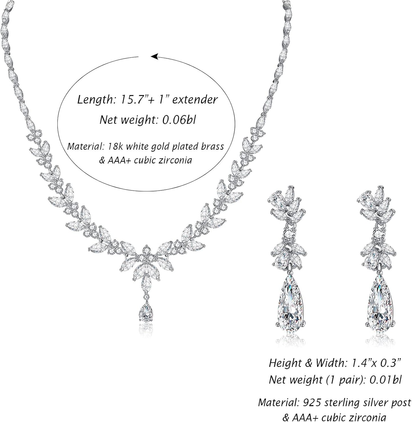 Jewelry Set for Women, Cubic Zirconia Necklace Dangle Earrings & Bracelet Jewelry Set for Bride Bridesmaid Wedding Engagement Prom Party