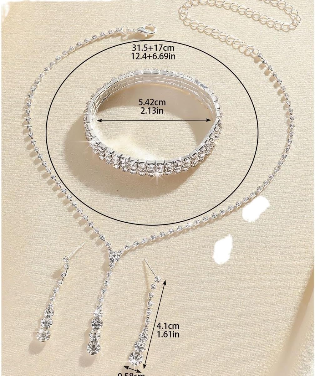 Wedding Jewelry Sets for Brides Rhinestone Necklace and Earring Set Bracelet Ring Gold Silver Prom Jewelry Sets Diamond Flower Teardrop Necklace for Women