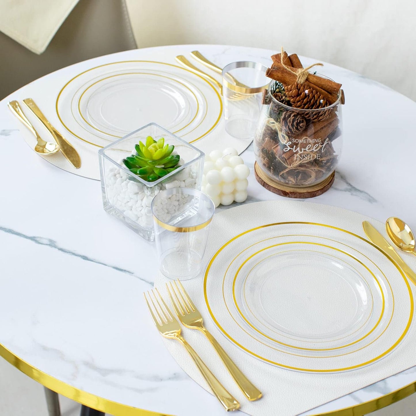 I00000 60 Pcs Clear Gold Plastic Plates, Gold Disposable Plates Includes: 30 Dinner Plate 10.25" and 30 Dessert Plate 7.5 ", Premium Clear Plate Prefect for Wedding and Gold Plates Party/Birthday