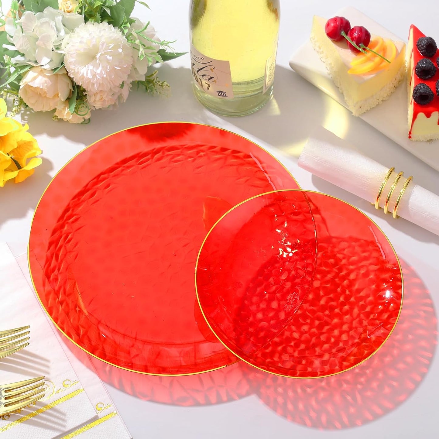 64 Pcs Red Plasitc Plates, 32 Guests Clear Red Disposable Plates with Gold Rim, Hammered Plastic plates Include 32 Dinner Platos and 32 Dessert Platos for Party Wedding Birthday Christmas