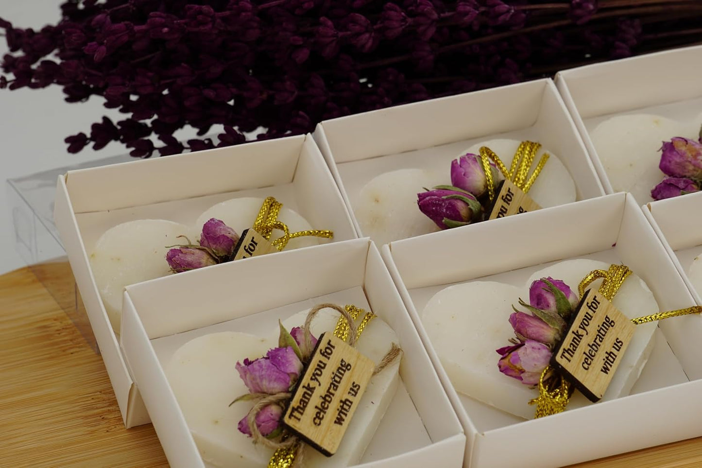 Heart Shaped Soaps 12-Pack, Handmade Scented Mini Soaps for Bridal Shower Party Favors, Wedding, Baby Shower, Thanks You for Celebrating with Us Wooden Tag, White Box