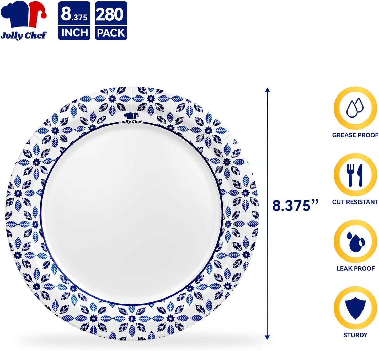 JOLLY CHEF 8.37 inch Paper Plates 280 Count Soak Proof, Cut Proof, Heavy Duty Printed Disposable Plate for Thanksgiving or Everyday Use