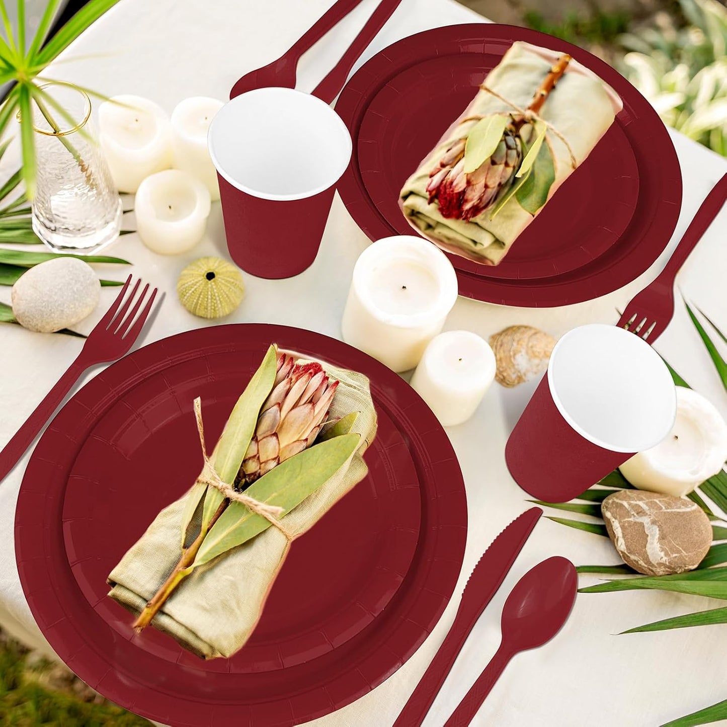 TWOWYHI 228PCS Burgundy Party Supplies Set Include Paper Plates Cups Paper Napkins Plastic Spoons Forks Knives for 30 Guests Disposable Party Dinnerware for Birthday Wedding Family Picnic