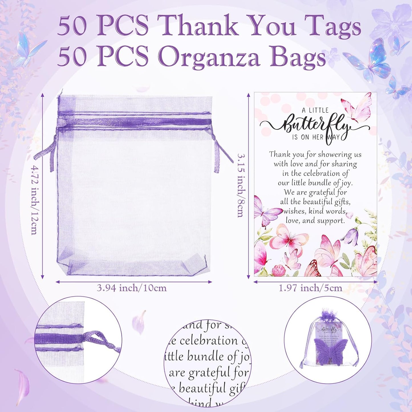 50 Sets Butterfly Themed Baby Shower Favors Butterfly Soap with Thank You Cards Gift Bag for Guest Gender Reveal Party Decorations Baby Shower Game Prizes Wedding Favor(Purple)